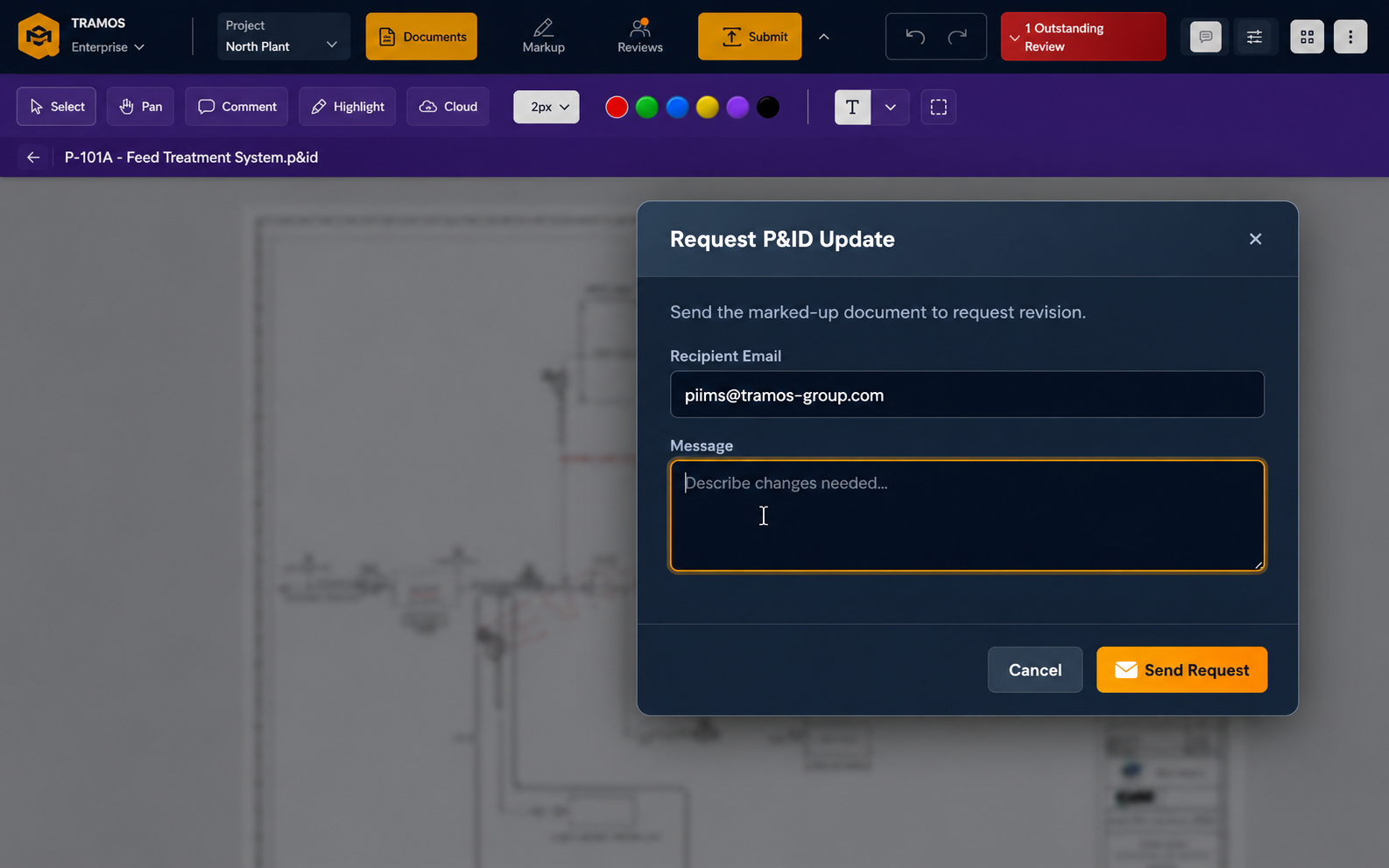 PIIMS P&ID Update Request dialog for sending marked-up documents for revision